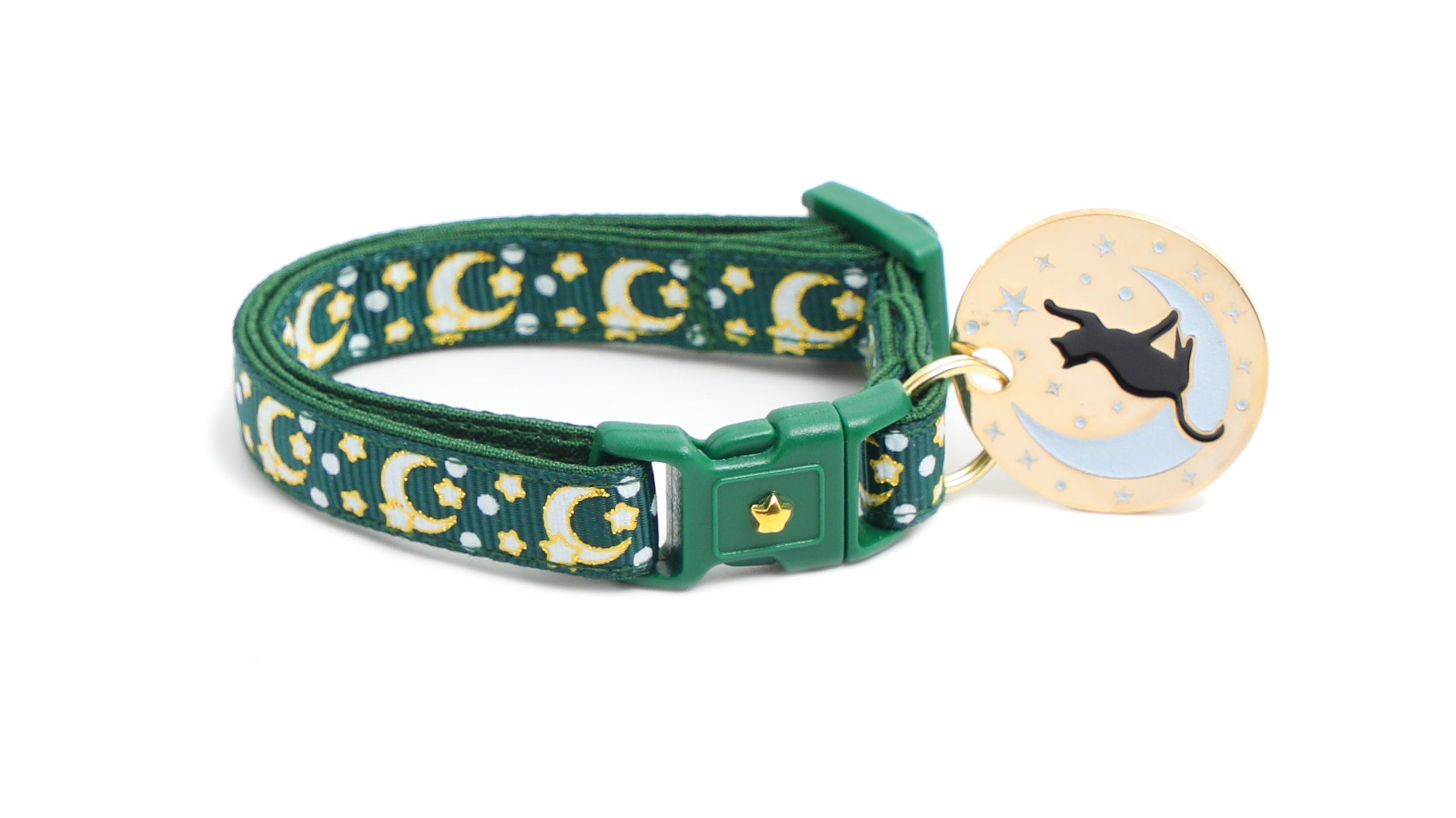 Gold Moons and Stars on Dark Green Cat Collar