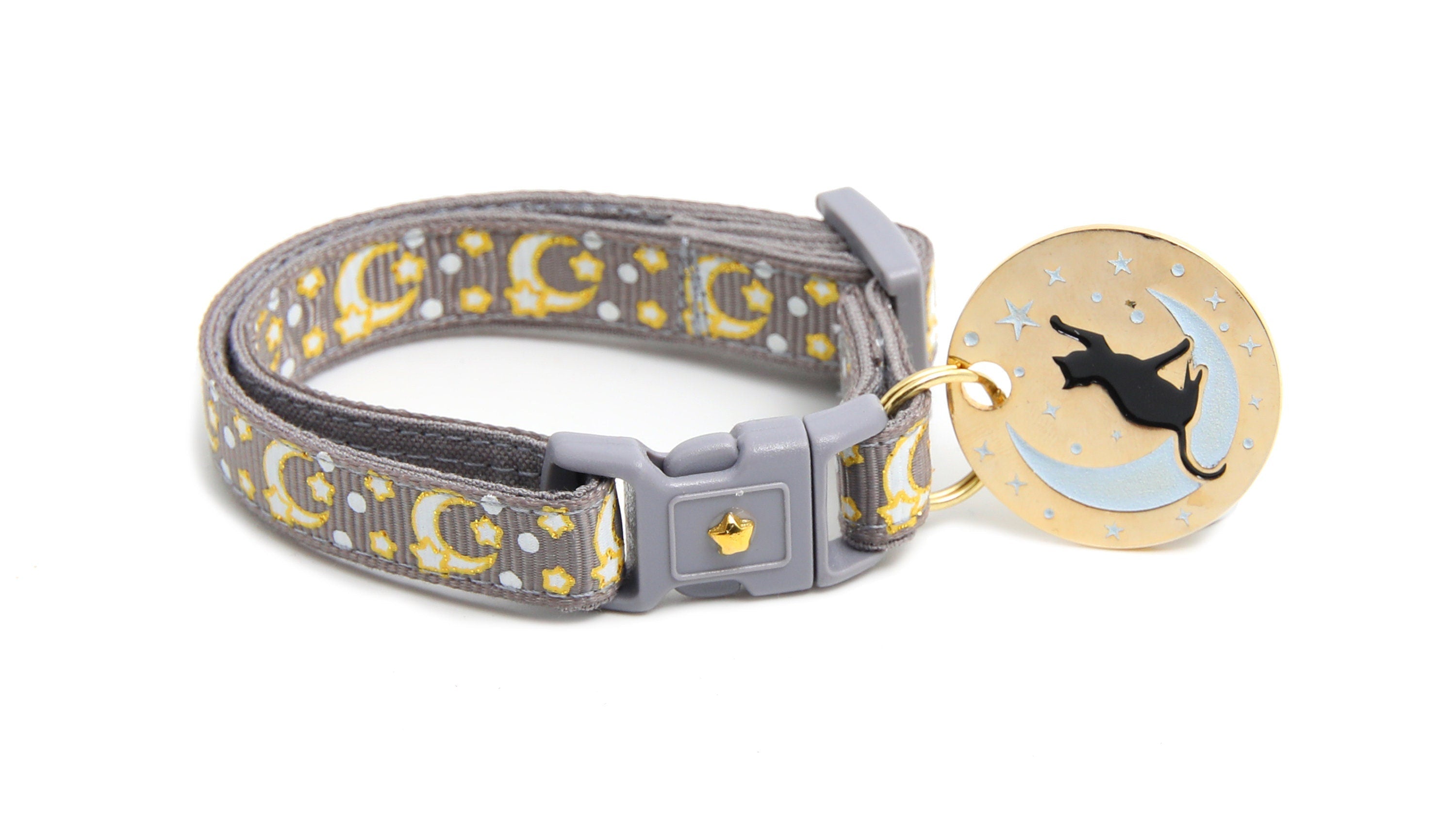 Gold Moons and Stars on Silver Cat Collar