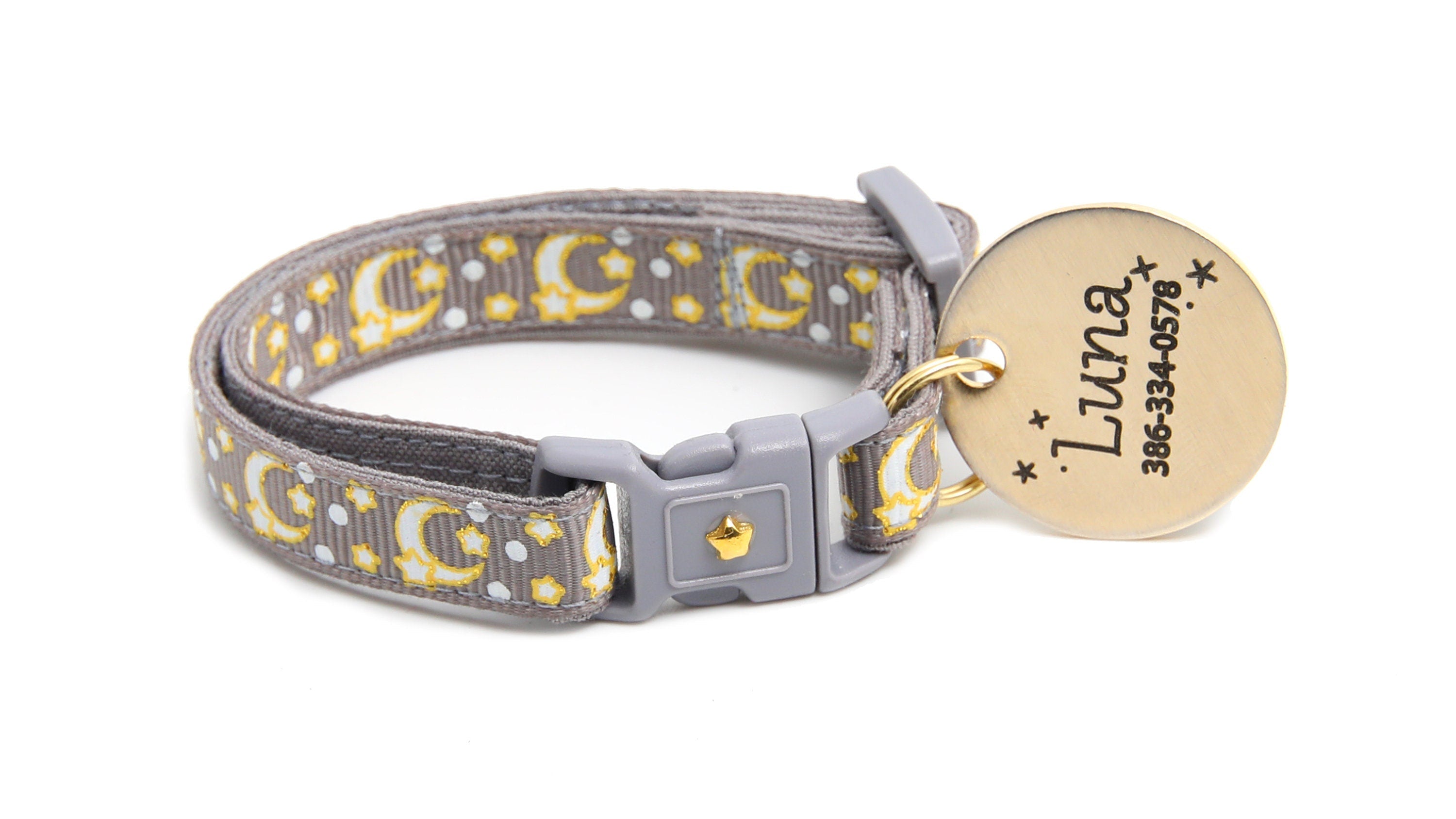 Gold Moons and Stars on Silver Cat Collar