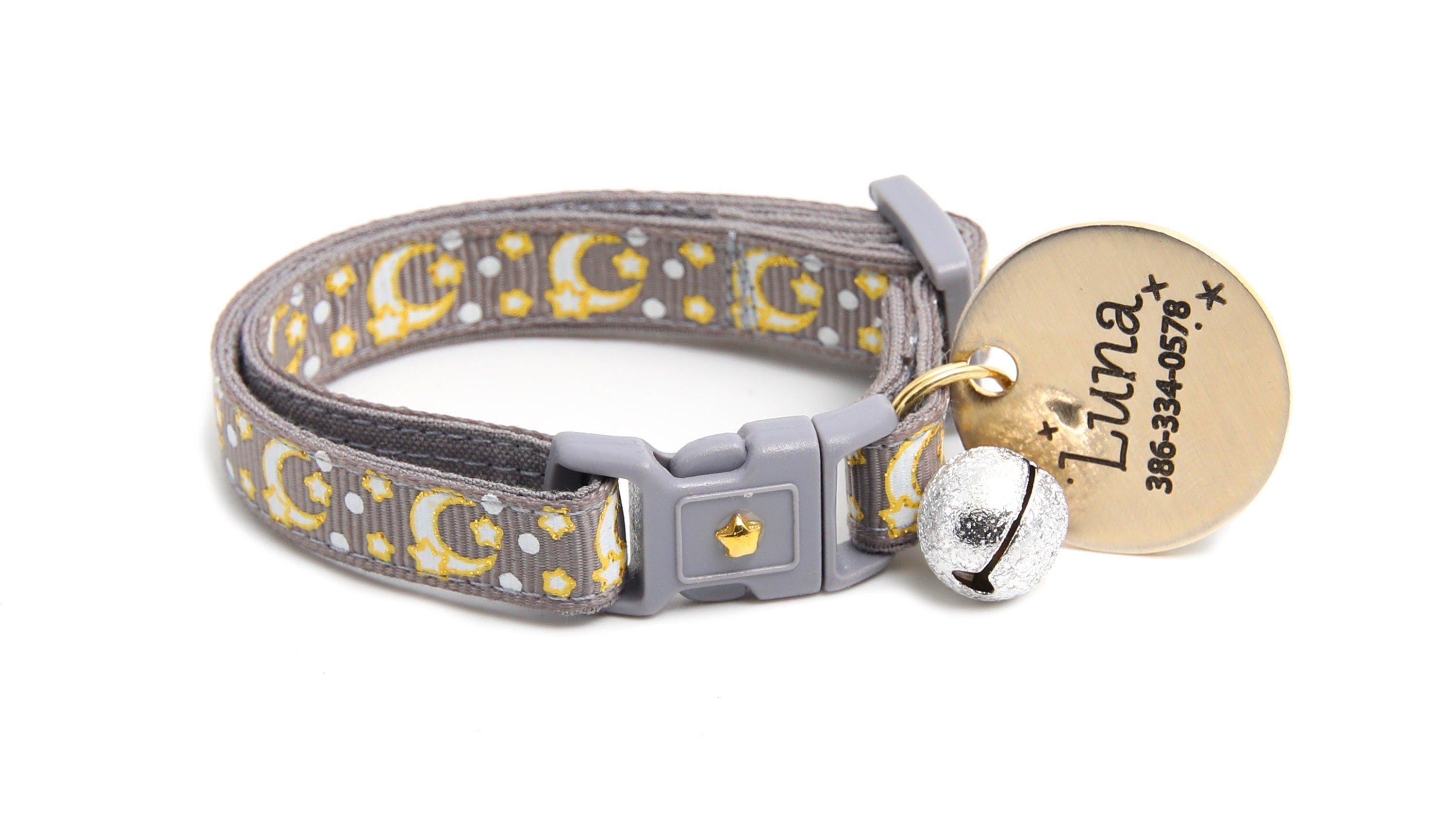 Gold Moons and Stars on Silver Cat Collar